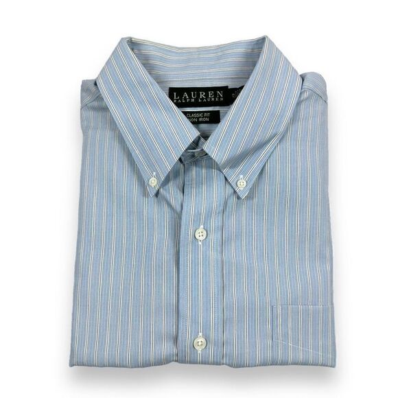 Lauren Ralph Lauren Dress Shirt 17‎ 34/35 Blue Pinstripe Long Sleeve Button Down - Picture 1 of 10